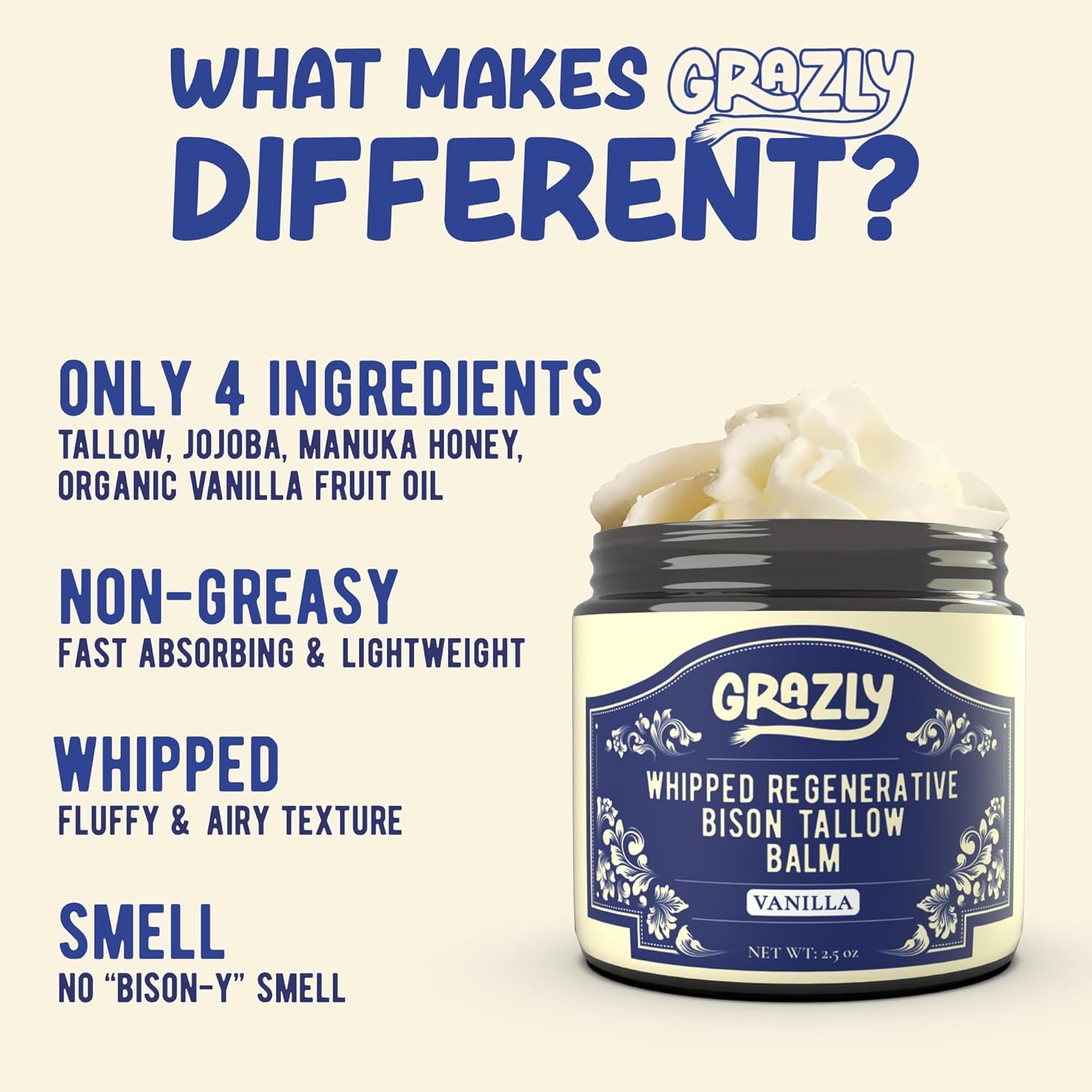 Grazly Whipped Regenerative Bison Tallow Balm (Vanilla) – 71g | Deep Hydration & Skin Renewal