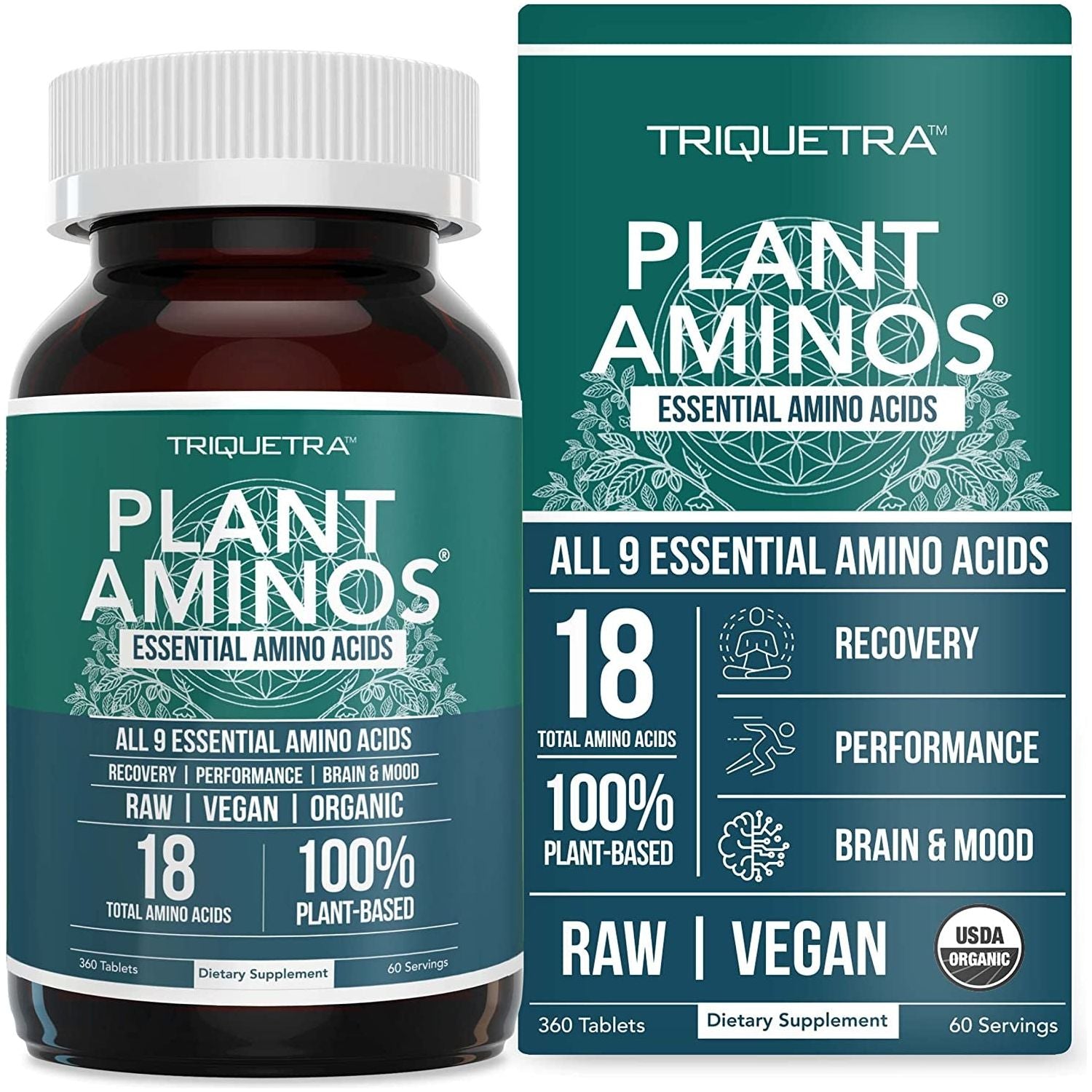 Triquetra Health Plant Aminos – 360 Tablets | 100% Organic Plant-Based Essential Amino Acids for Muscle Recovery, Energy & Performance
