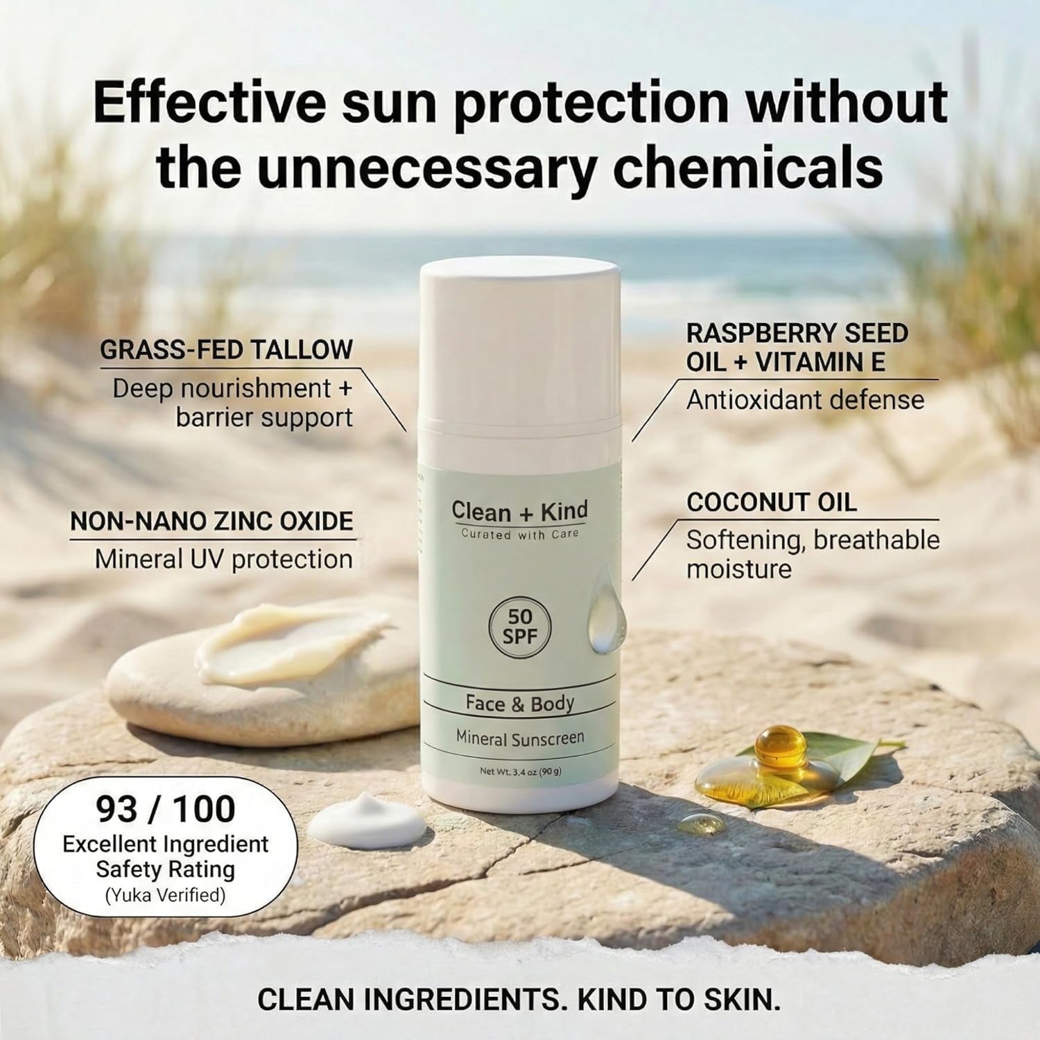 Tallow Sunscreen SPF 50 with Non-Nano Zinc Oxide – Natural Mineral, Reef-Safe & Non-Toxic Sunblock for Face & Body – Non-Greasy, Moisturizing Protection for Sensitive Skin (3.4 Oz)