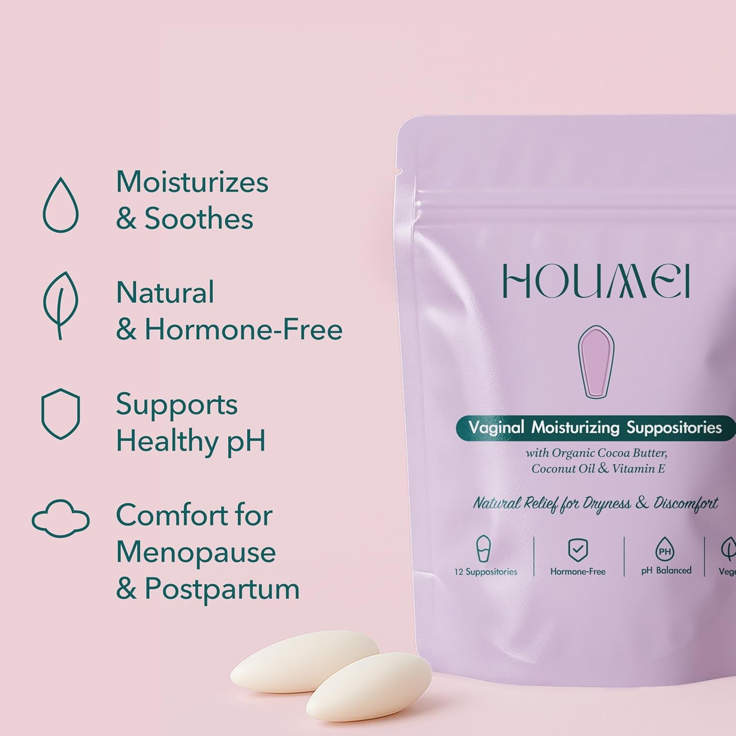 Houmei Vaginal Suppositories with Vitamin E and Hyaluronic Acid, Organic Feminine Moisturizer for Dryness & Discomfort Relief, Ph-Balanced Natural Feminine Care, 12 Counts