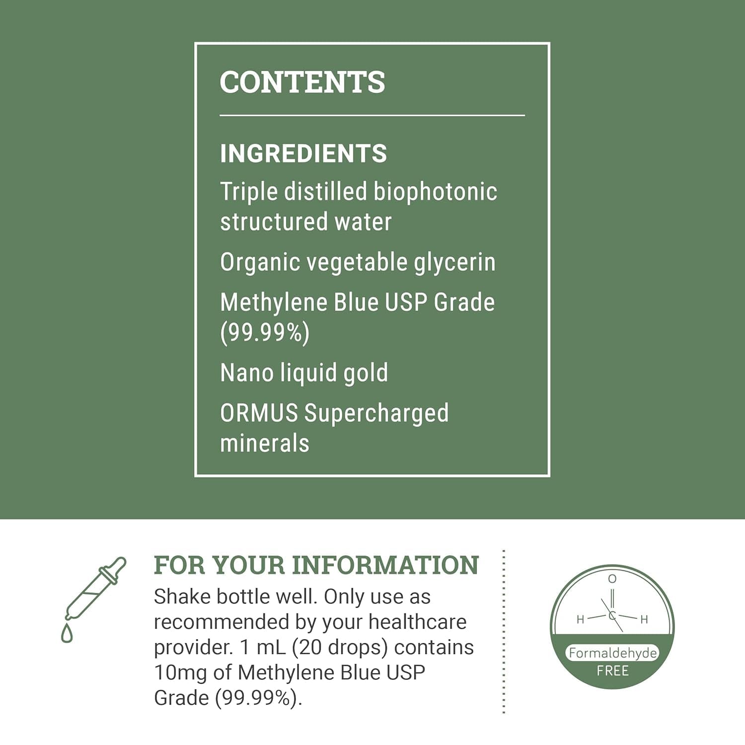 Methylene Blue 1% Pharmaceutical Grade Supplement with Dropper, Includes Nano Liquid Gold, Methylene Blue USP Grade, No Formaldehyde (2 Oz)