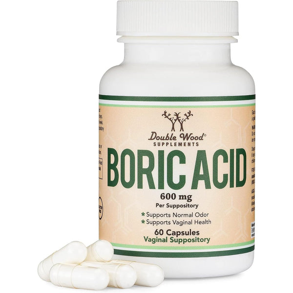 Double Wood Boric Acid Suppositories (600Mg Vaginal Suppository, 60 Count) Supports Vaginal Ph Balance, Odor Control (USP Medical Grade Fine Powder, Easy Dissolve, Third Party Tested) by Double Wood