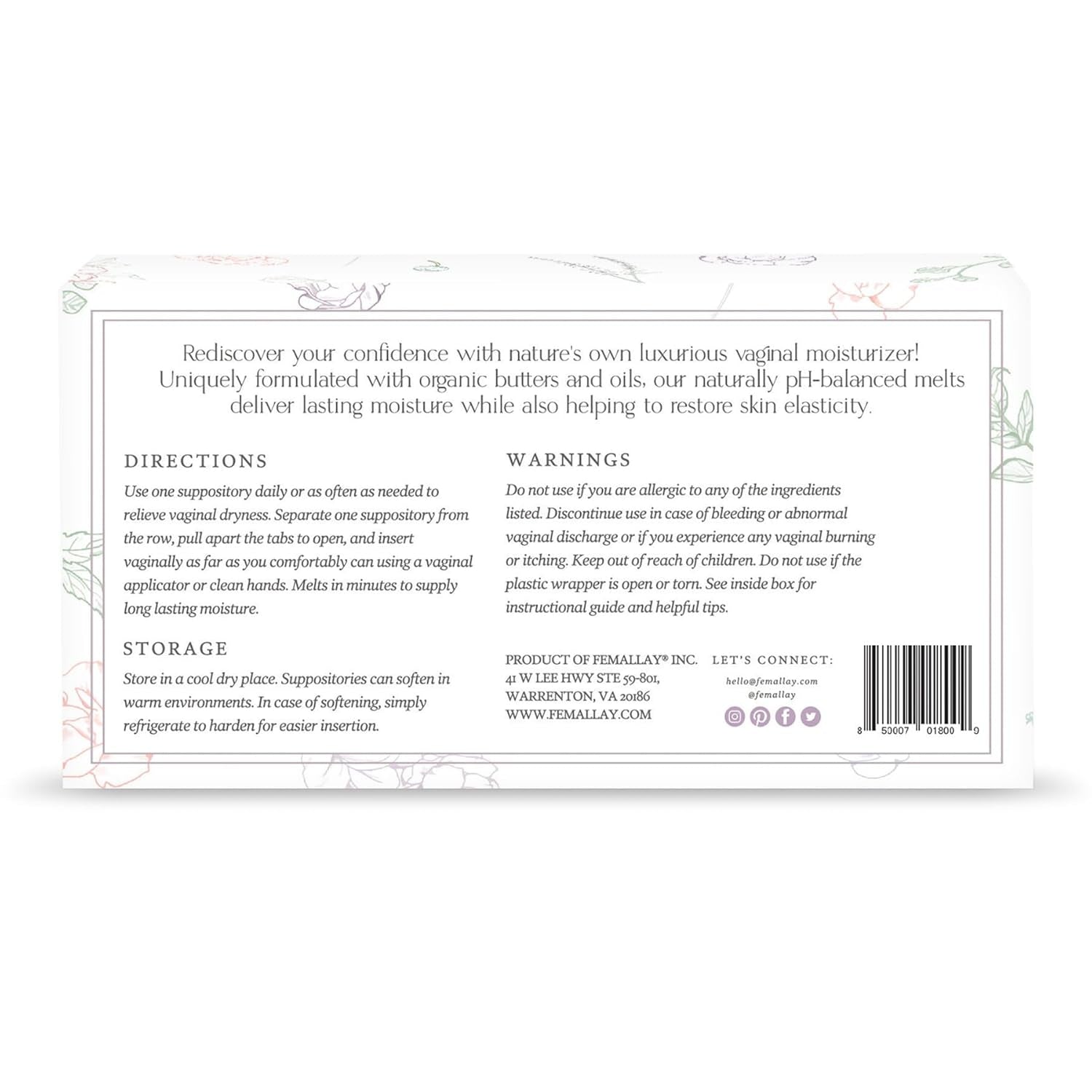 Femallay Organic Vitamin E Melts Vaginal Moisturizing Suppository Melts – 14 Suppositories + Applicator (2.25g Each) | Deep Hydration & Comfort for Women