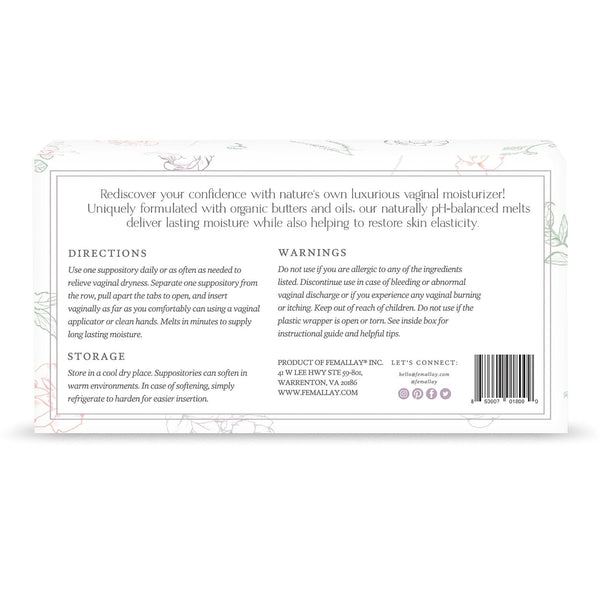 Femallay Organic Vitamin E Melts Vaginal Moisturizing Suppository Melts – 14 Suppositories + Applicator (2.25g Each) | Deep Hydration & Comfort for Women
