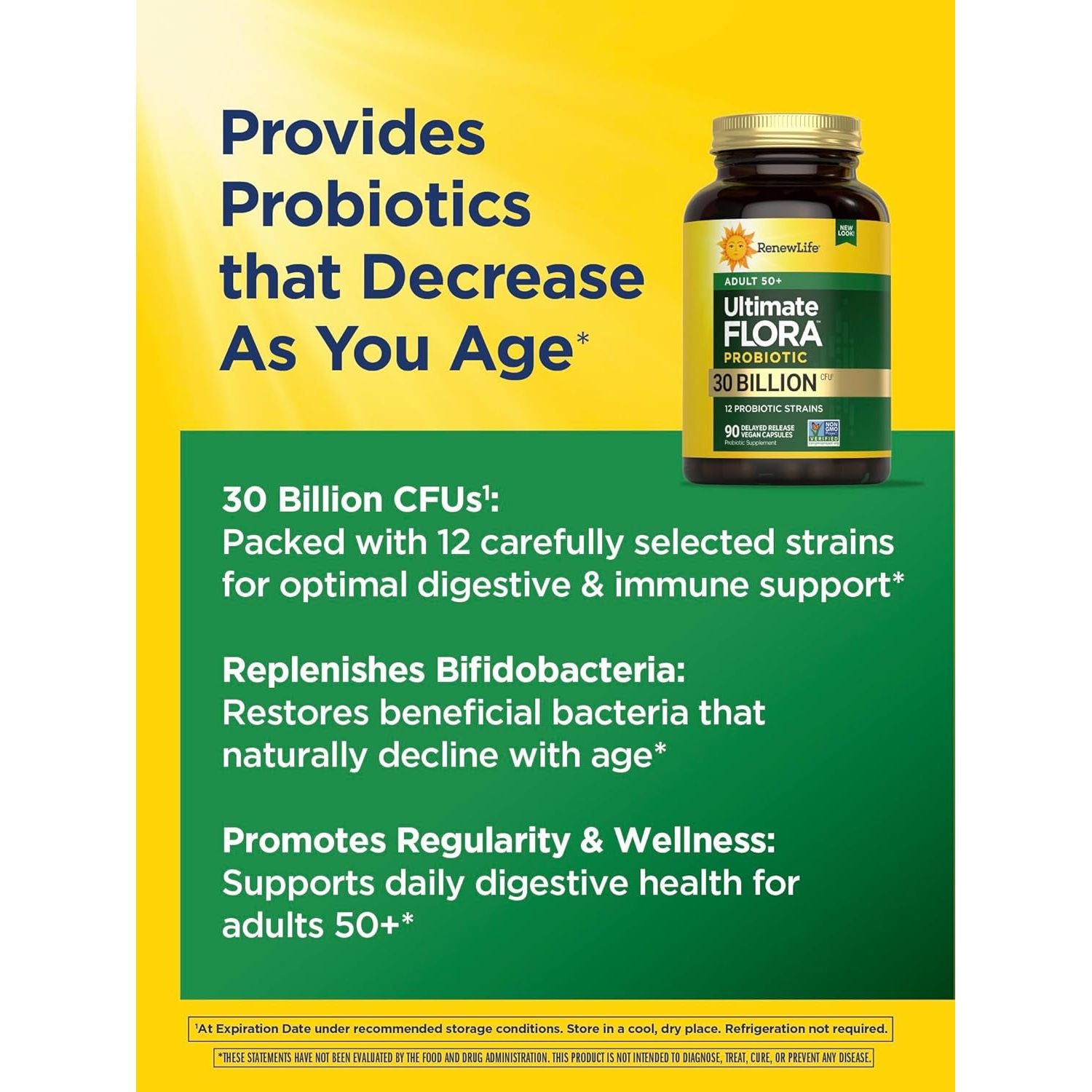 Renew Life Adult 50+ Ultimate Flora Probiotic – 90 Capsules | 30 Billion CFU for Gut & Immune Health