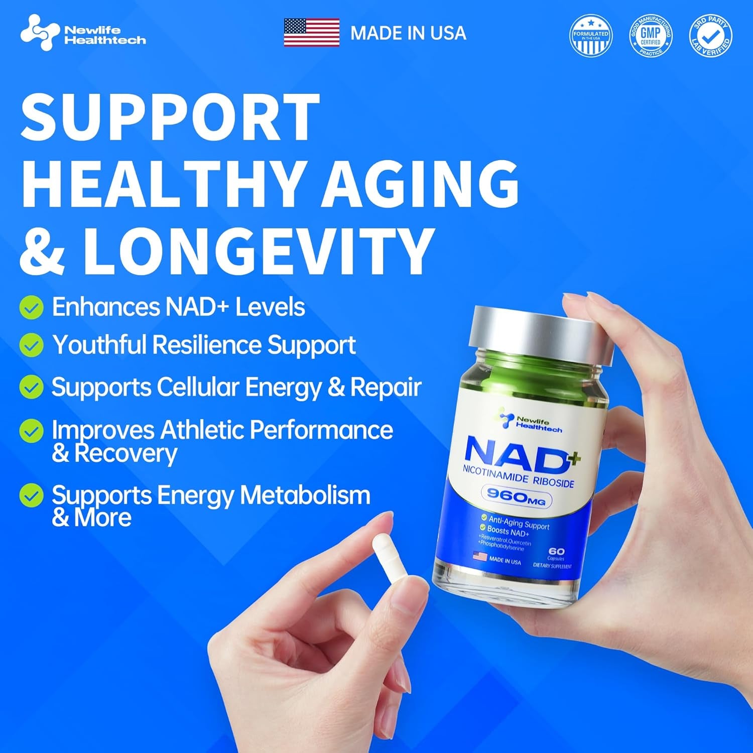 Newlife Healthtech NAD+ Supplement – 60 Capsules | Advanced Cellular Energy & Anti-Aging Support – 960mg per Serving
