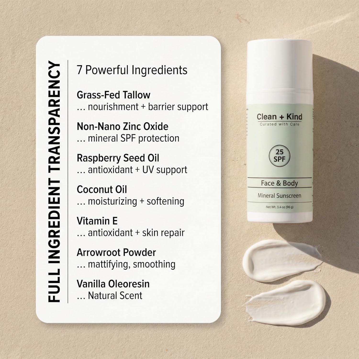 Tallow Sunscreen SPF 25 with Non-Nano Zinc Oxide – Natural Mineral, Reef-Safe & Non-Toxic Sunblock for Face & Body – Non-Greasy, Moisturizing Protection for Sensitive Skin (3.4 Oz)