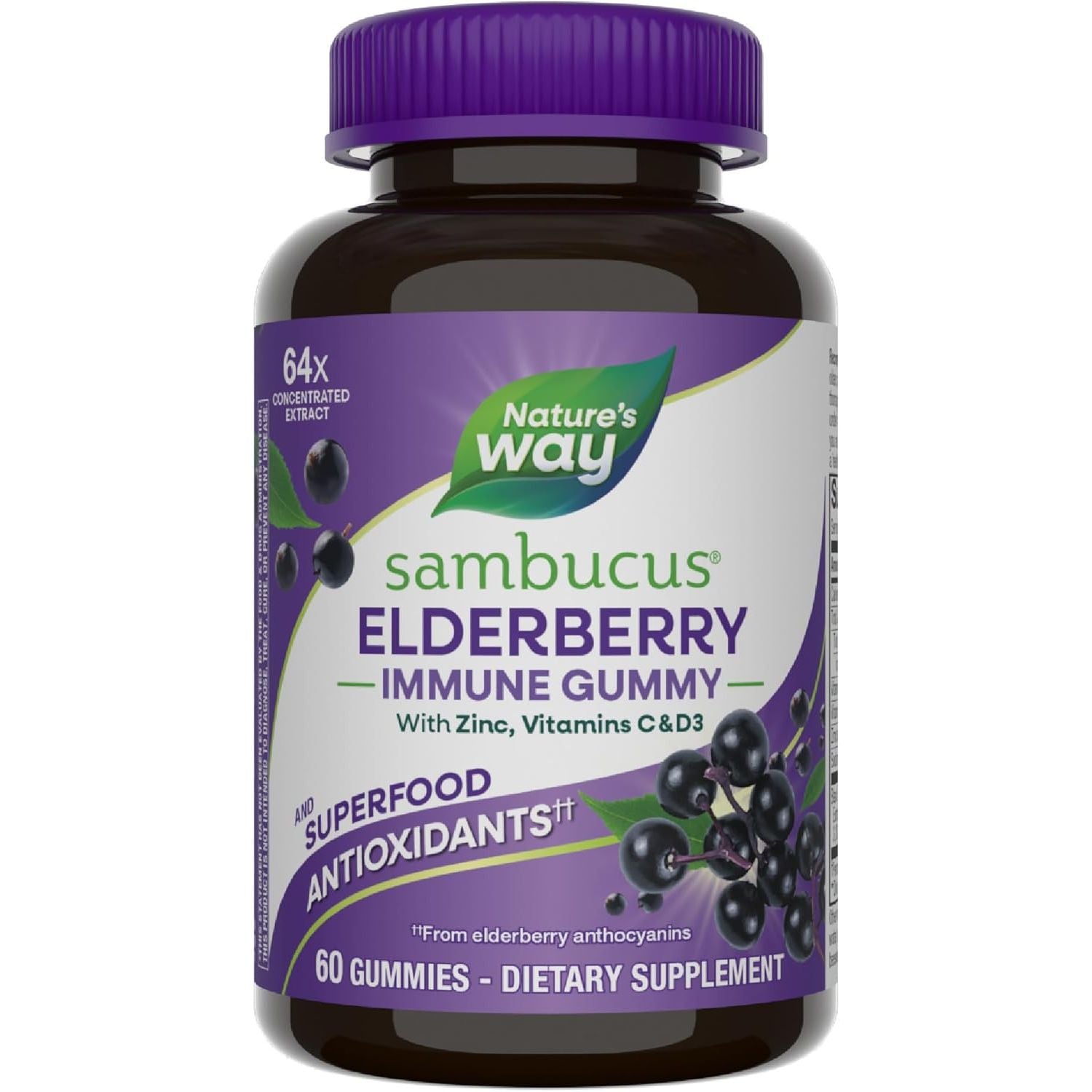 Nature's Way Sambucus Elderberry Immune Gummy – 60 Gummies | Vitamin C, D3 & Zinc Immune Support