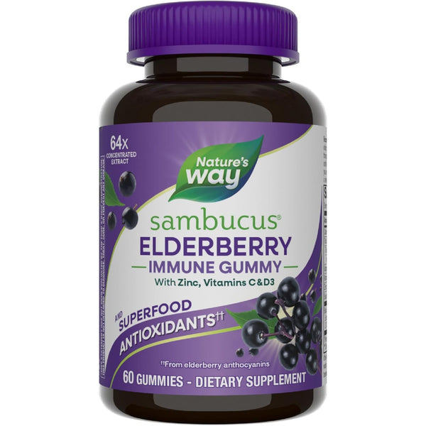 Nature's Way Sambucus Elderberry Immune Gummy – 60 Gummies | Vitamin C, D3 & Zinc Immune Support