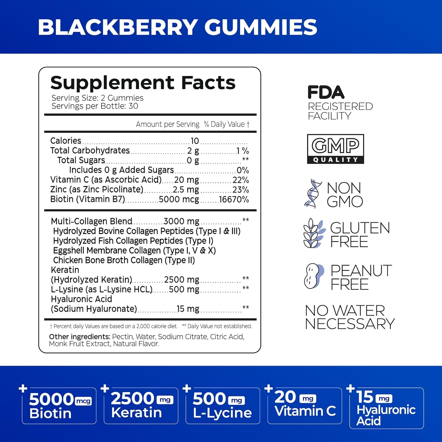 Collagen Peptides Gummies Sugar Free, 3000Mg Multi Collagen Blend + 2500Mg Keratin + 5000Mcg Biotin, with Vitamin C, Zinc & Hyaluronic Acid, Non-Gmo, 60 Gummies (30 Servings)
