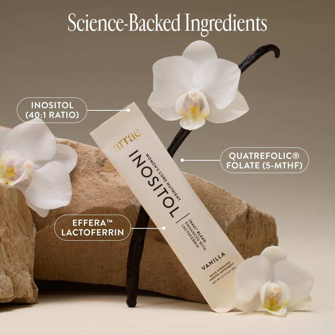 Inositol Supplement for Women - Supports Healthy Hormonal Balance, Regular Cycles, & Ovarian Health - 40:1 Myo & D-Chiro Raton with Lactoferrin & Folate - Vanilla Flavor - 30 Pack