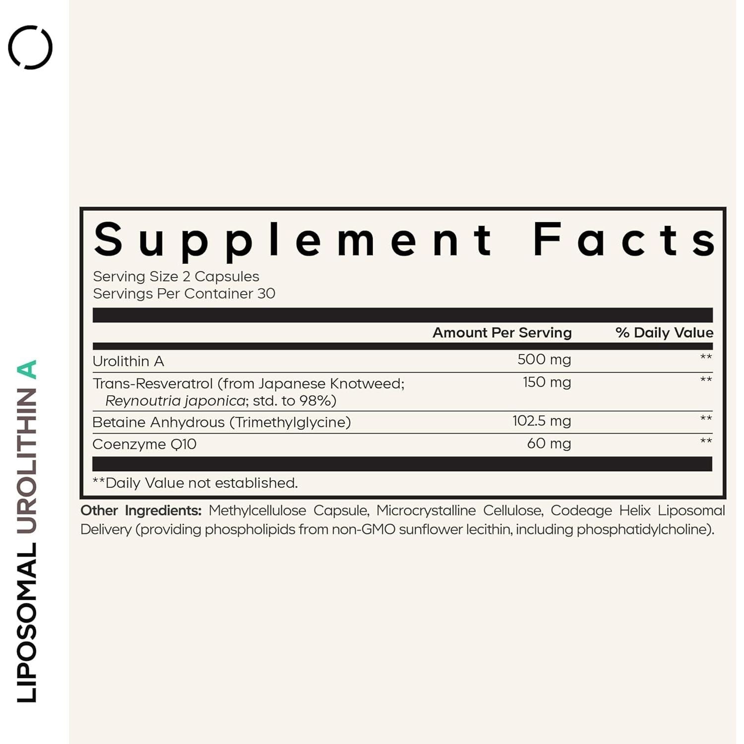 Codeage Liposomal Urolithin A – 60 Capsules | Cellular Energy + Longevity Support with Resveratrol & CoQ10