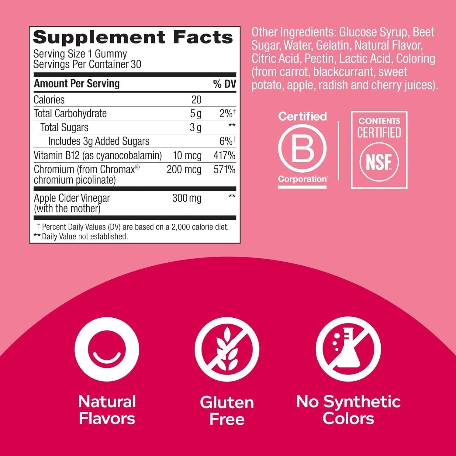 Metabolism Gummy Rings, Apple Cider Vinegar, Vitamin B12, Chromium, Energy and Digestive Health, Chewable Supplement, Apple Flavor - 30 Count