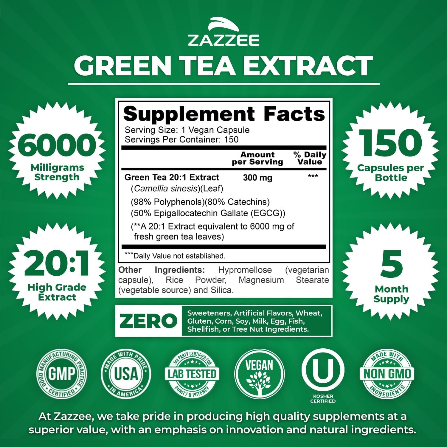 Zazzee Extra Strength Green Tea – 150 Capsules | 6000mg 20:1 Extract with 50% EGCG, 98% Polyphenols & 80% Catechins