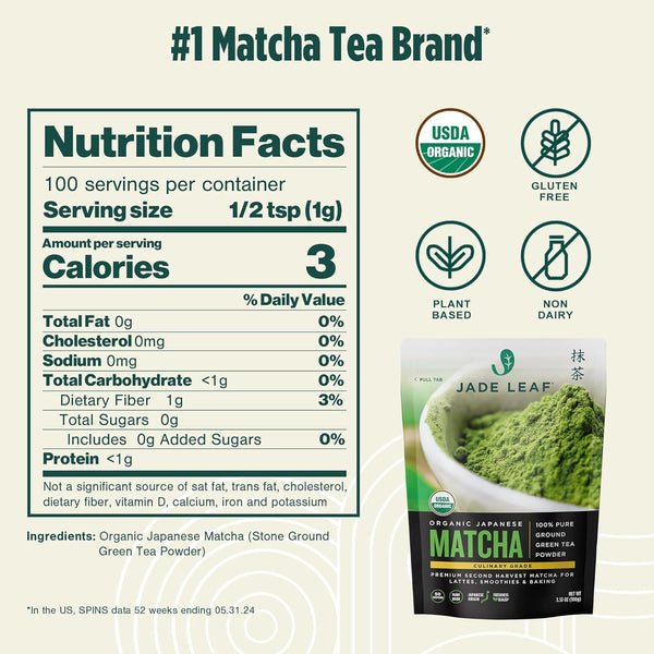 Jade Leaf Matcha Organic Japanese Matcha 100% Pure Ground Green Tea Powder - 100g