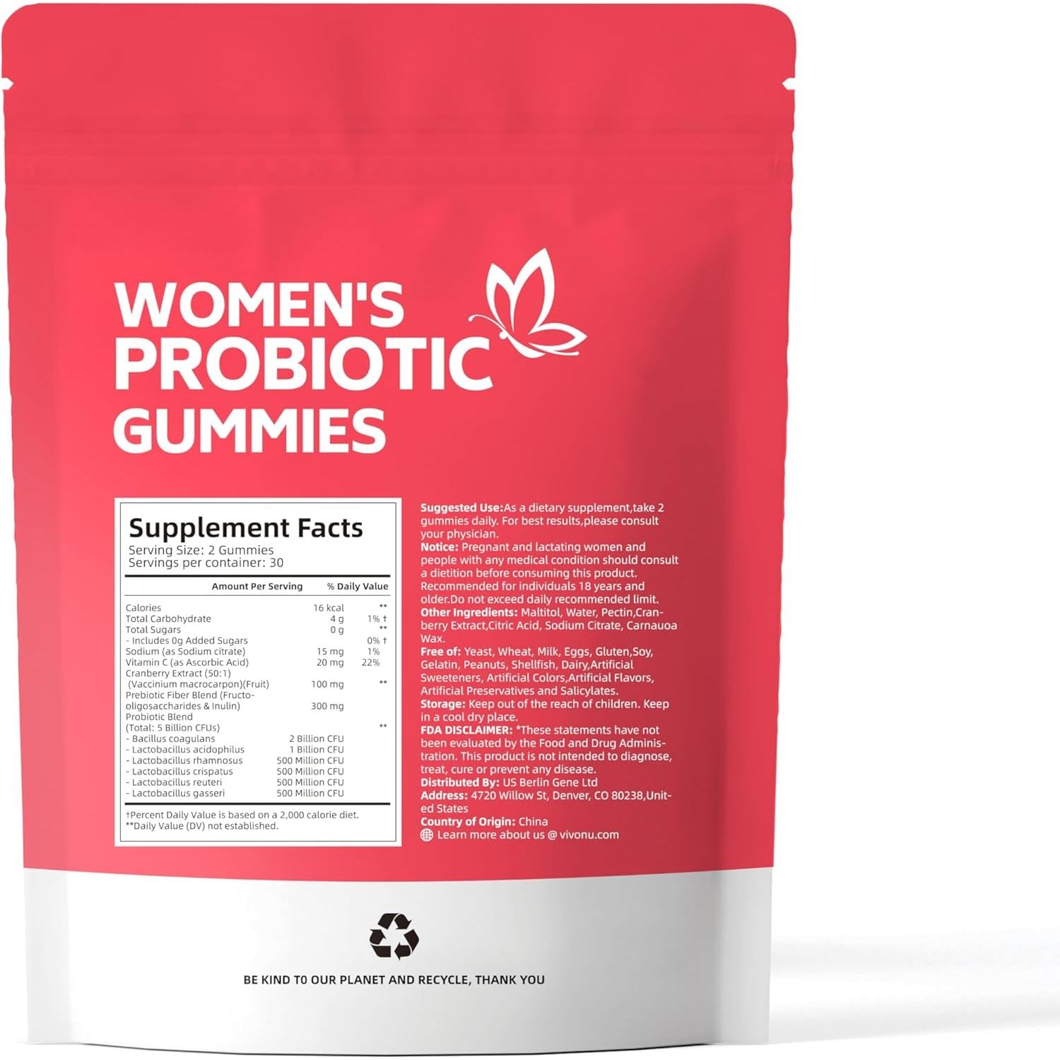 VivoNu Women’s Probiotic Gummies (Cranberry Flavor) – 60 Gummies | Vaginal Balance, pH Support & Digestive Health
