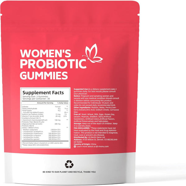 VivoNu Women’s Probiotic Gummies (Cranberry Flavor) – 60 Gummies | Vaginal Balance, pH Support & Digestive Health