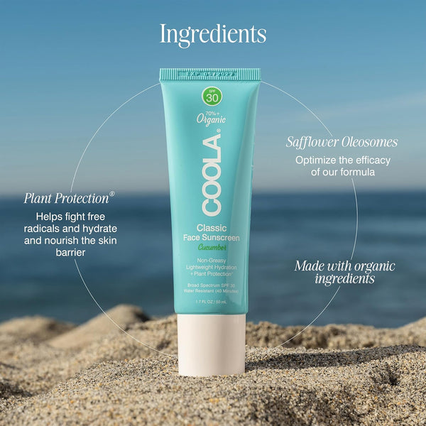 COOLA Classic Face Sunscreen SPF 30 Cucumber – 50ml | Sheer Daily Moisturiser with Organic Antioxidants & Broad Spectrum Protection