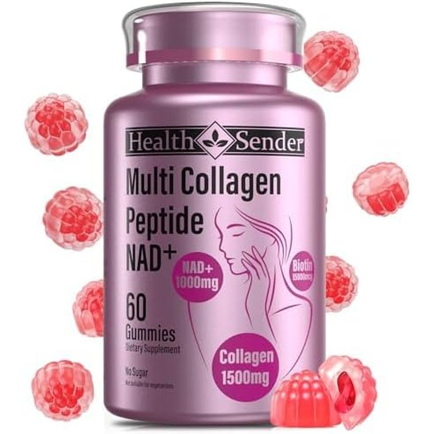 Collagen Peptide Gummies, Sugar-Free Woman &Man'S Proteins Collagen Gummy Filled 1500Mg Hydrolyzed Collagen Type I,Ii,Iii,V,X,1000Mg NAD 15000Mcg Biotin Supplement for Skin, Hair, Nails
