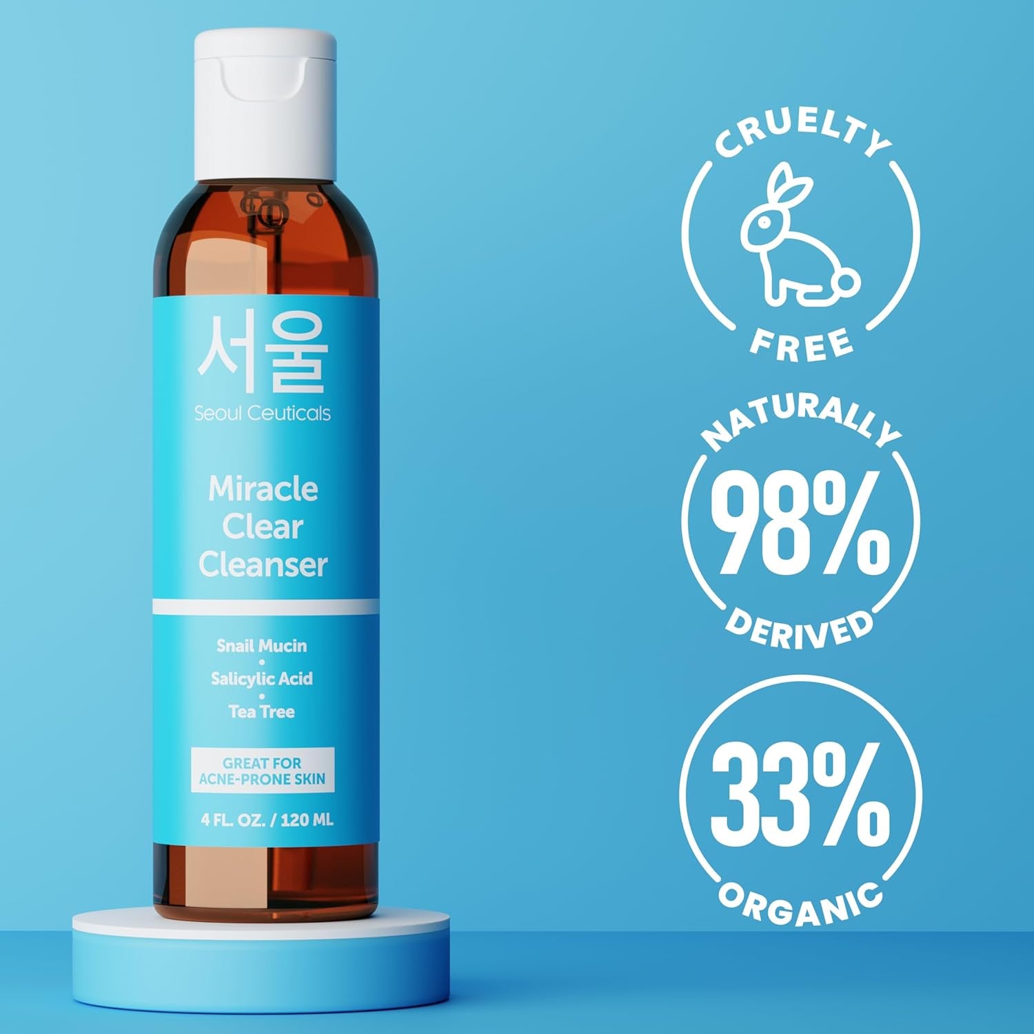 SeoulCeuticals Miracle Clear Cleanser – 120ml | Korean Acne Solution with Snail Mucin, Salicylic Acid & Tea Tree