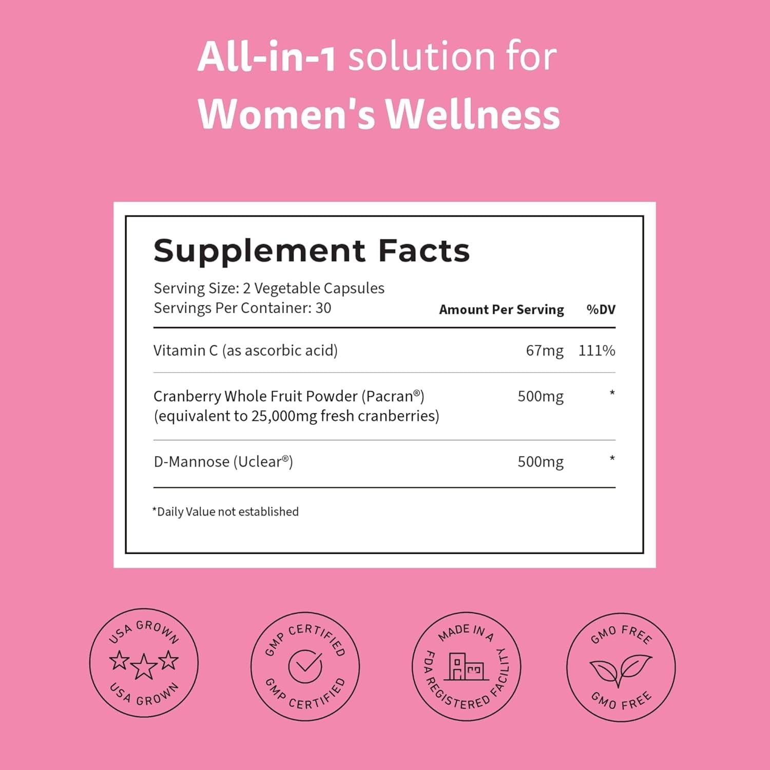 Happy V Women’s Daily D-Mannose + Cranberry – 60 Vegan Capsules