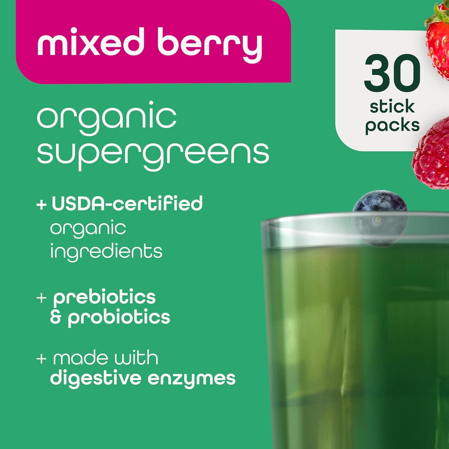 Zena Nutrition Organic Super Greens Powder – Mixed Berry, 30 Stick Packs | 70+ Superfoods & Probiotics