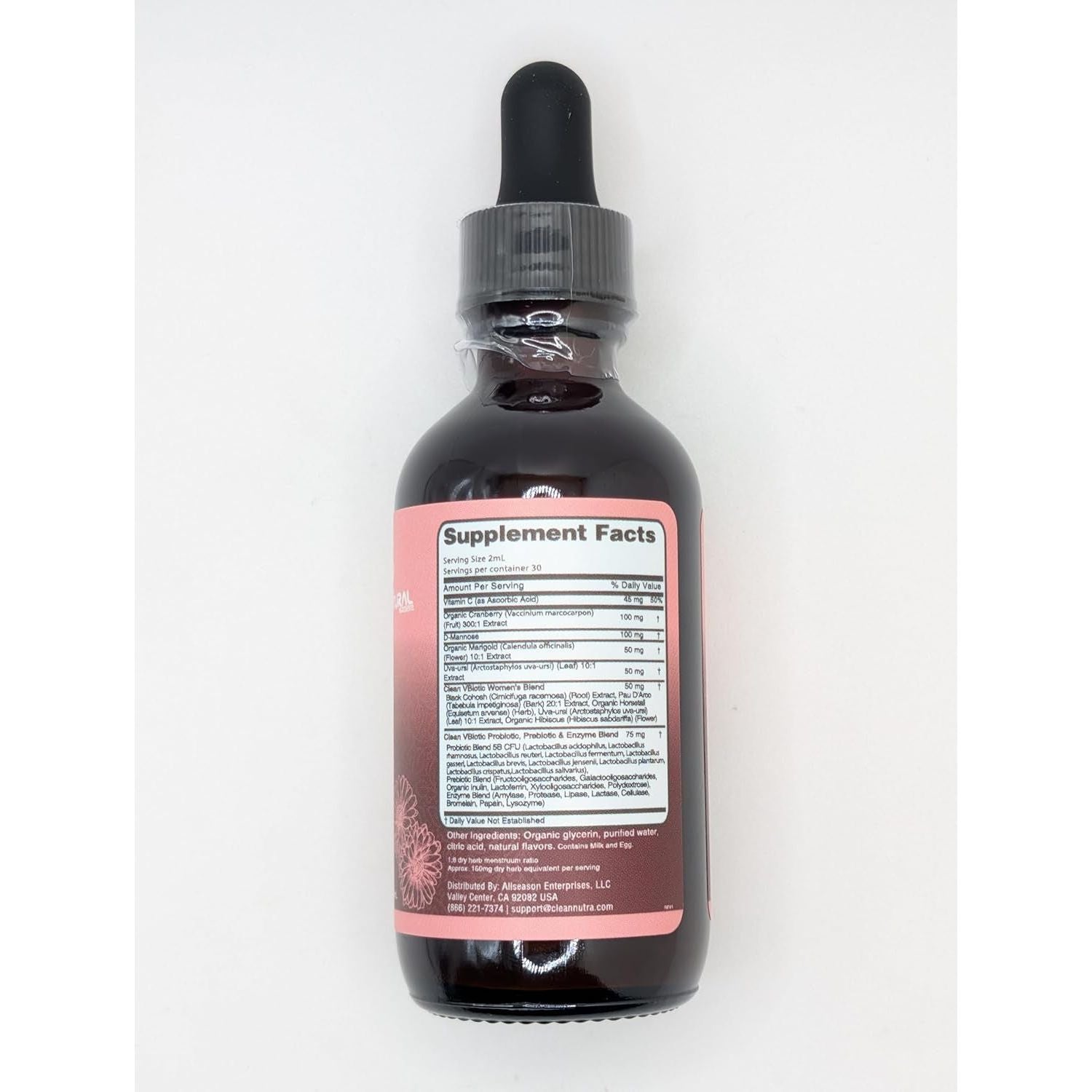 Clean Nutraceuticals Vaginal Probiotic Drops – 60ml | D-Mannose, Cranberry, Uva Ursi & Black Cohosh for Urinary, Vaginal & Hormonal Health