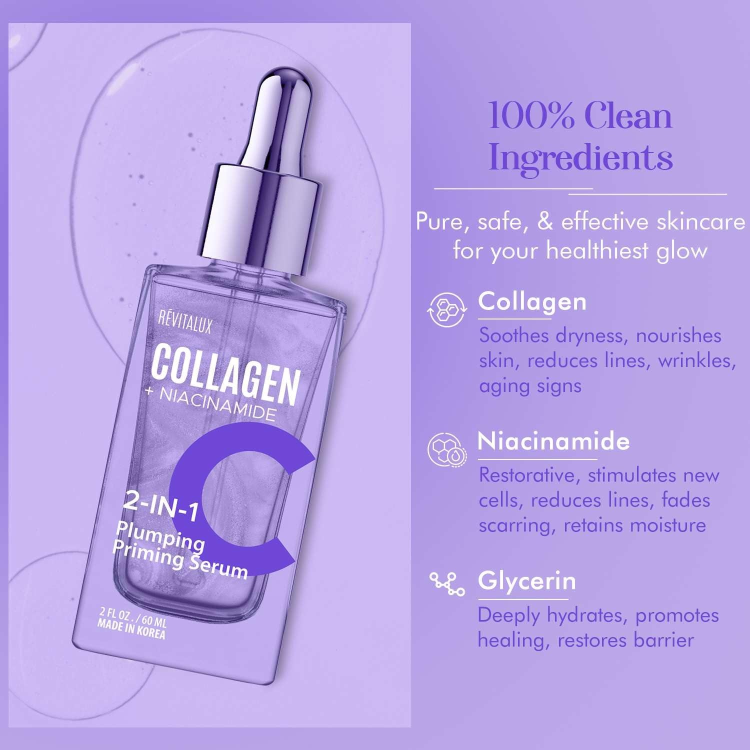 RevitaLux Collagen & Niacinamide 2-In-1 Plumping Priming Serum – 2 fl. oz | Hydrating & Firming Korean Skincare for Radiant, Youthful Skin