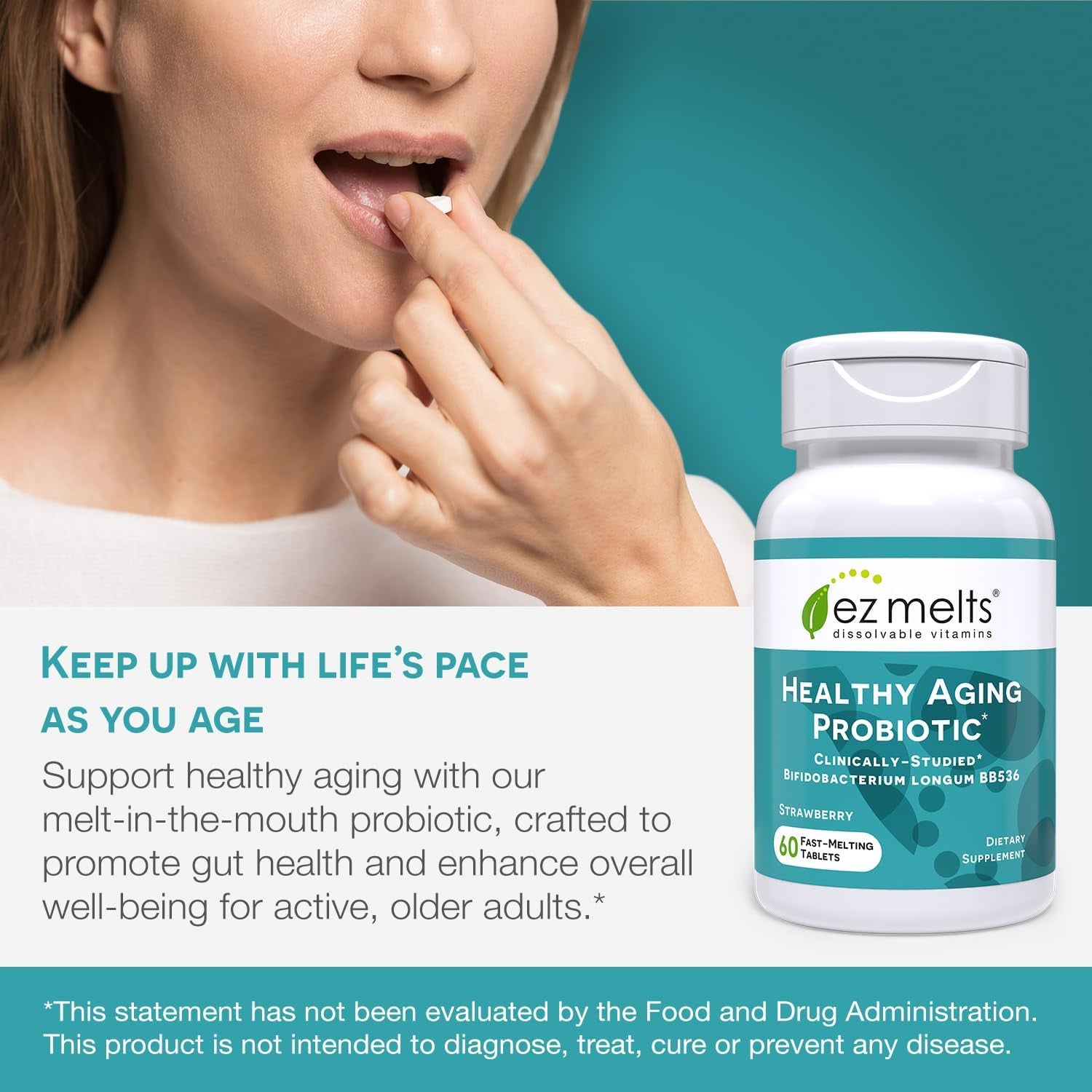 EZ Melts Dissolvable Vitamins Healthy Aging Probiotic – 60 Tablets | Fast-Melting Bifidobacterium BB536 for Gut Health & Vitality