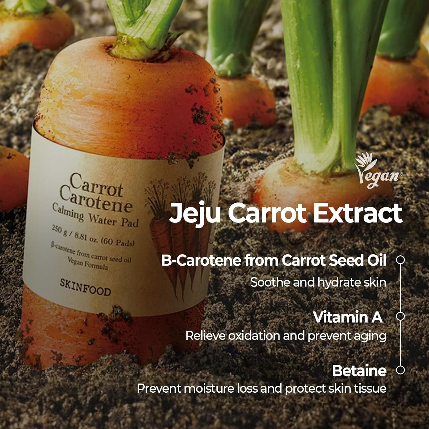 SKINFOOD Carrot Carotene Calming Water Pad – 250g, 60 Pads | Vegan Korean Toner Pads for Sensitive Skin