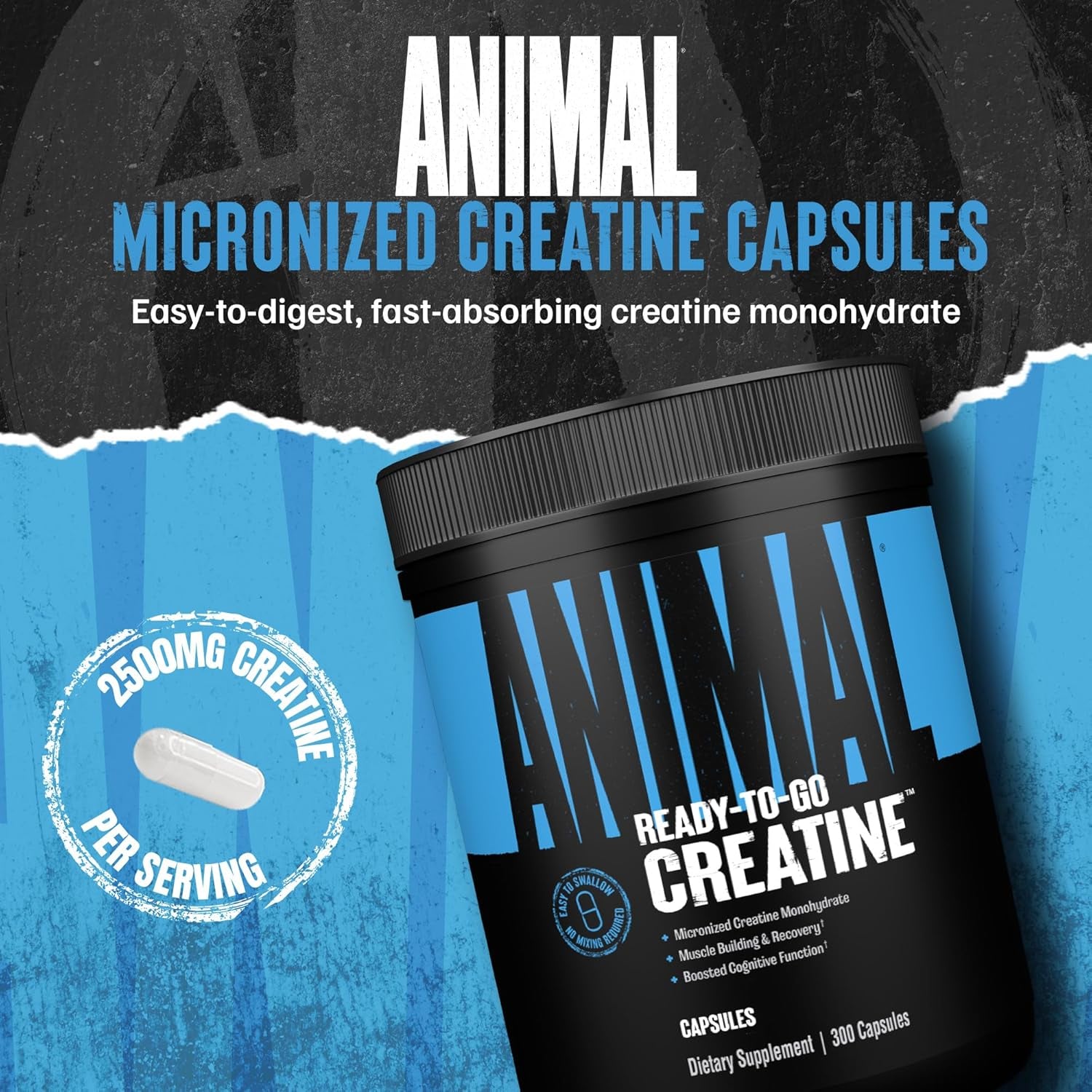 Animal Micronized Creatine Monohydrate Capsules – 300 Caps | 2,500mg Per Serving for Muscle Growth & Recovery