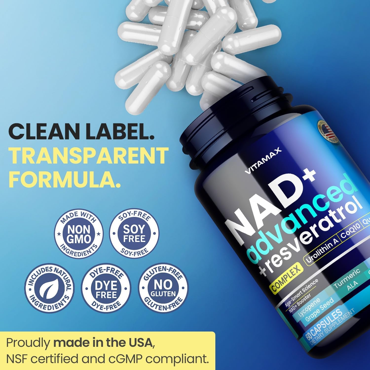 Liposomal NAD+ Supplement Extra Strength | Urolithin A, Resveratrol, Coq10 - Women & Men - ALA, Green Tea, Quercetin, Lycopene | High Purity, Energy & Regeneration - Made in USA – 60Ct