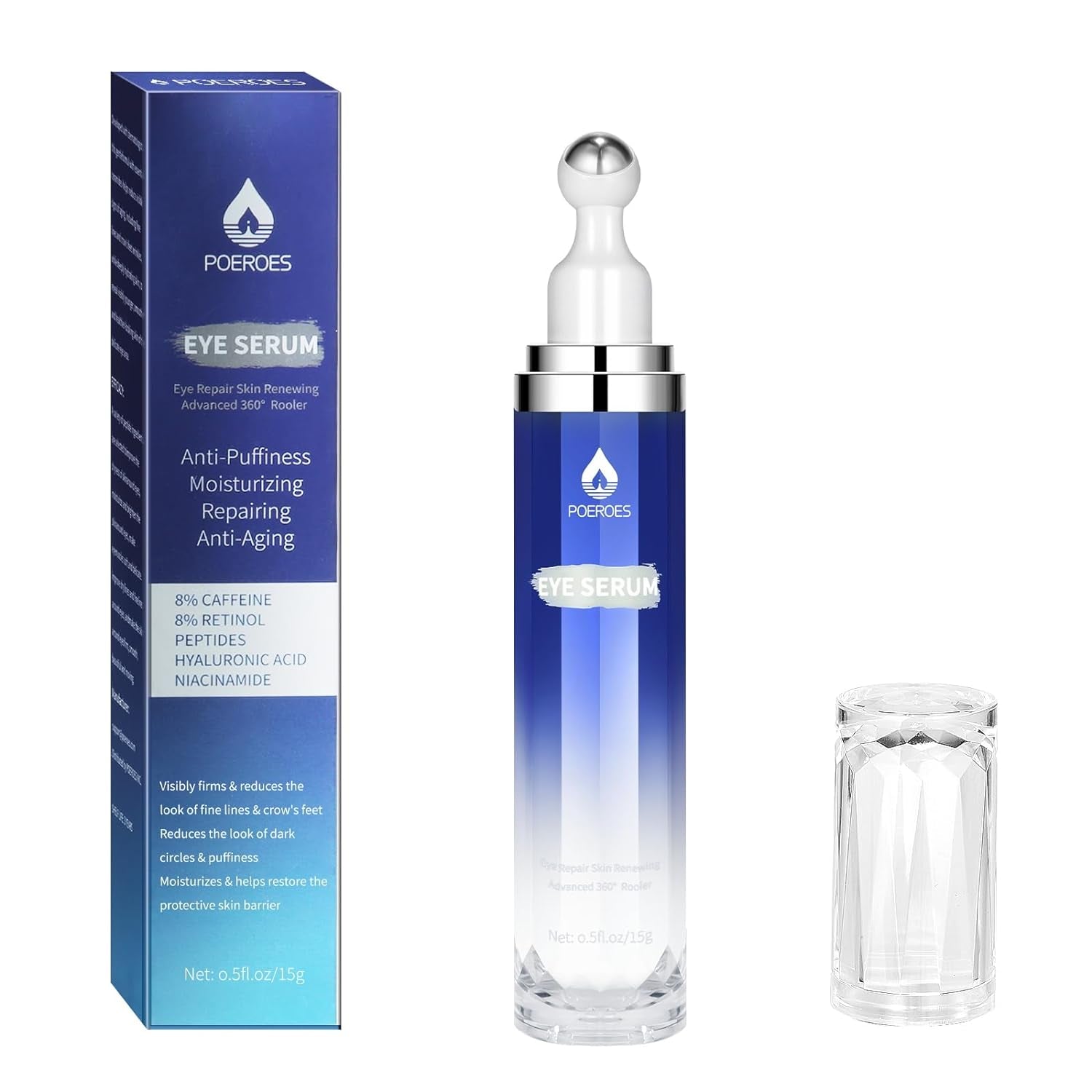 POEROES Eye Serum – 15ml | 8% Caffeine + 8% Retinol Eye Roller for Dark Circles, Puffiness & Fine Lines