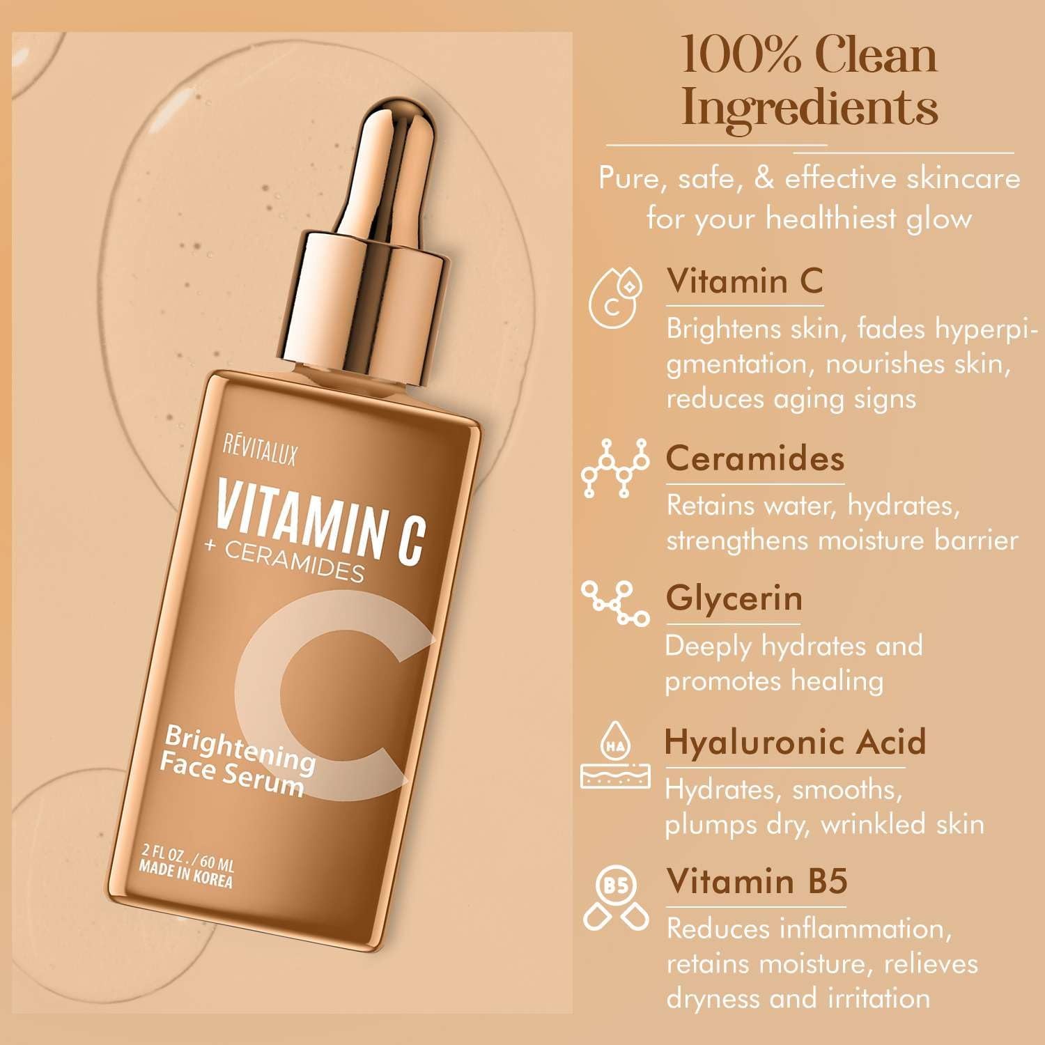 RevitaLux Vitamin C & Ceramides Brightening Face Serum – 2 fl. oz | Hydrating & Anti-Aging Korean Skincare for Radiant, Smooth Skin