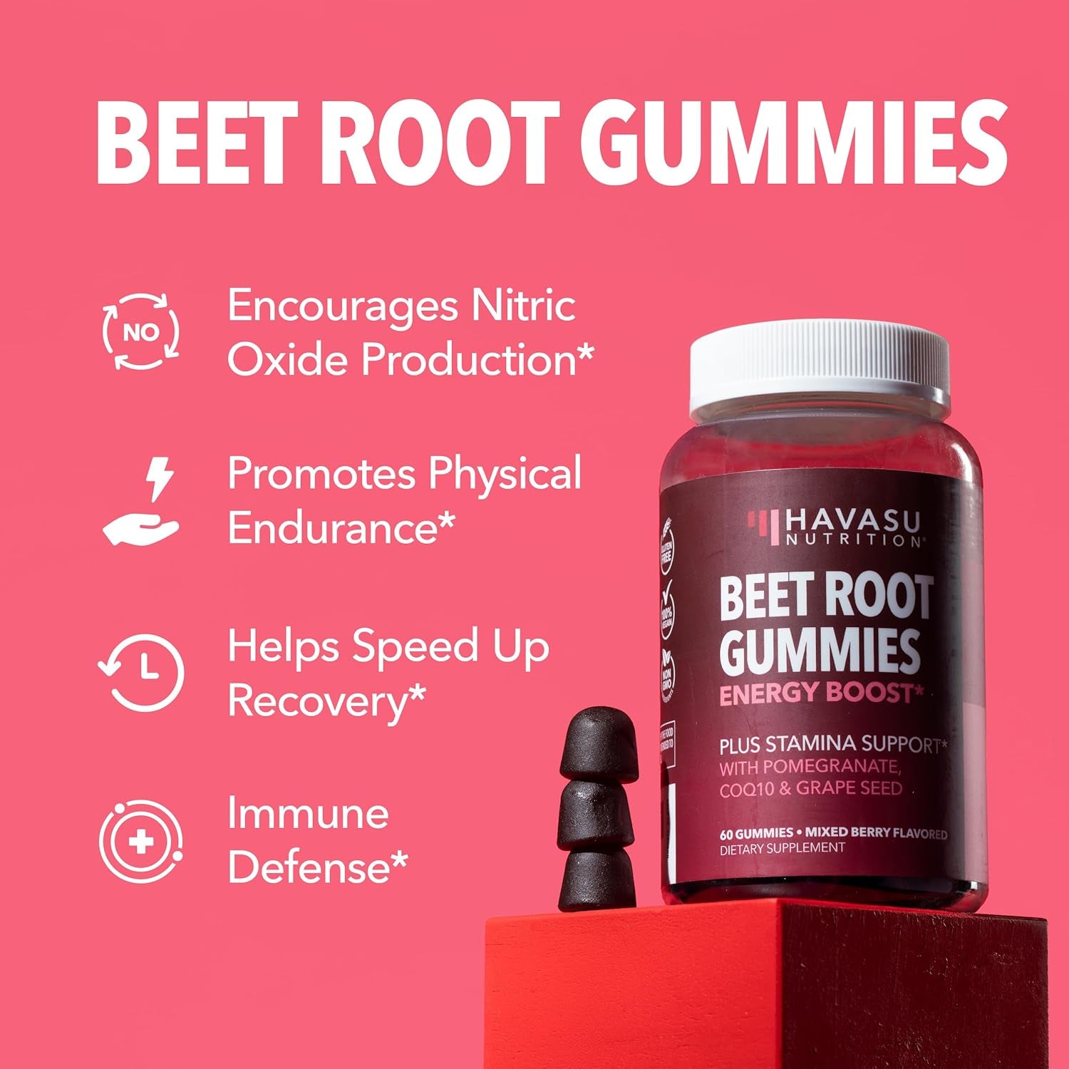 Beet Root Gummies with COQ10 & Pomegranate - Nitric Oxide Supplement for Men and Women - Beetroot for Endurance, Performance, Recovery - Vegan, Non-Gmo, Gluten Free - Mixed Berry Flavor, 60 Count