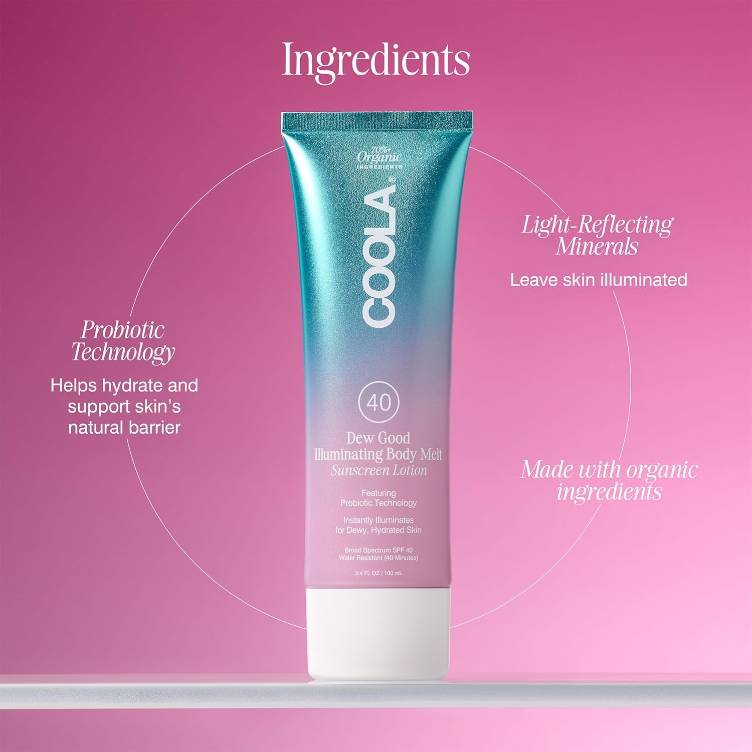 COOLA Dew Good Illuminating Body Melt Sunscreen Lotion SPF 40 – 100ml | Hydrating, Probiotic-Powered Glow with Broad-Spectrum Protection