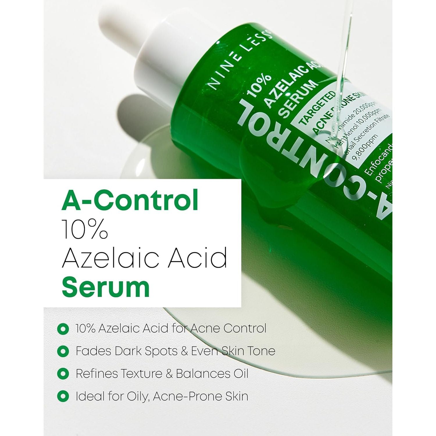 NINELESS A-Control 10% Azelaic Acid Serum – 30ml | Redness Relief, Dark Spot & Acne Treatment