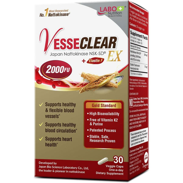 LABO Nutrition VesseClear EX – 30 Capsules | Japan Nattokinase NSK-SD + Elastin F for Healthy Blood Flow & Arteries
