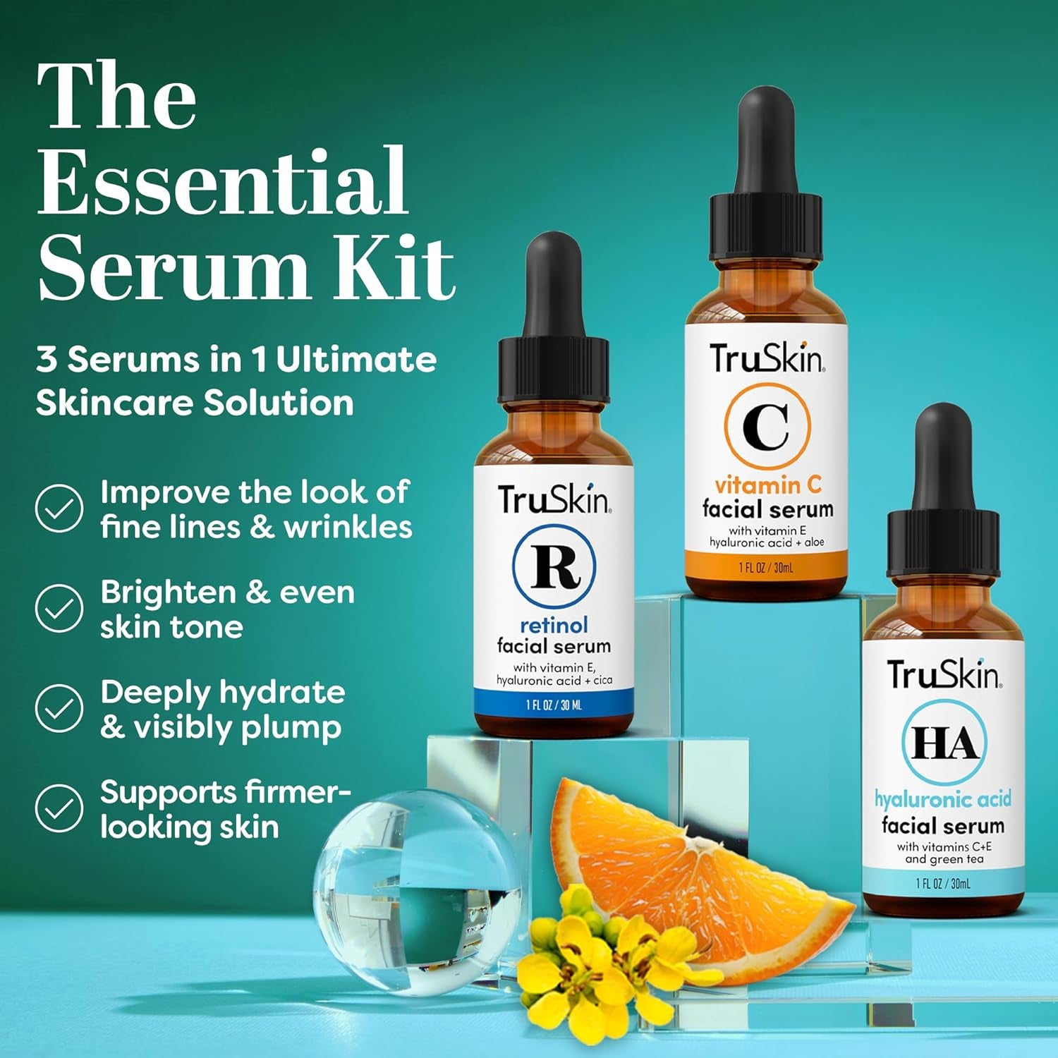 TruSkin Face Serum Trio – 30ml (3 Bottles) | Brightening, Anti-Ageing & Hydrating Skincare Set