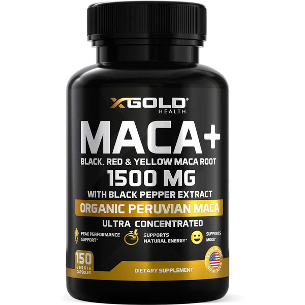 X Gold Health Organic Maca Root Powder Capsules 1500Mg with Black | Red & Yellow Peruvian Maca Root Extract Gelatinized, Energy & Mood Supplement for Men & Women + Black Pepper for Best Benefits