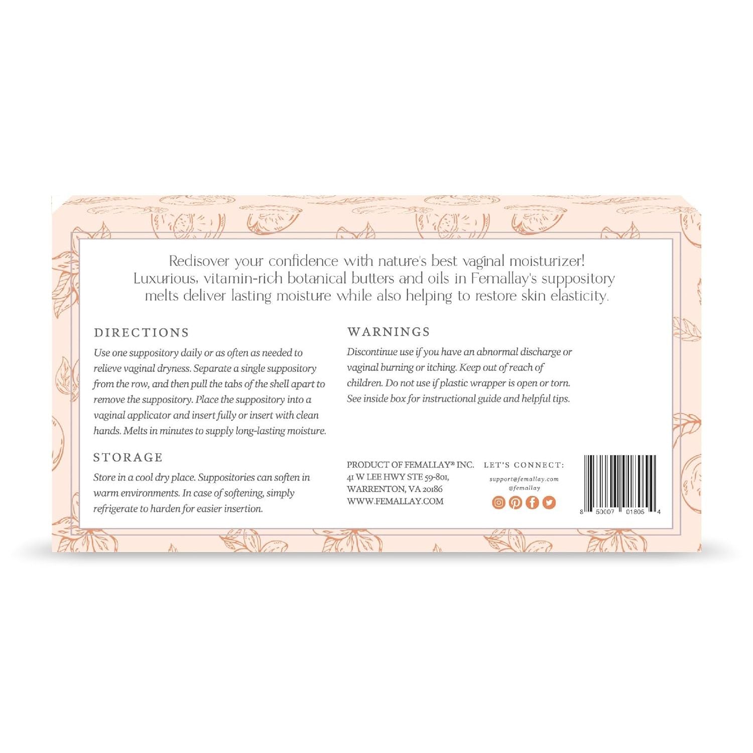 Femallay Organic Vaginal Moisturizing Suppositories – Peach – 100% Natural Relief for Dryness, Odor & Daily Feminine Discomfort – 14 Count + Applicator