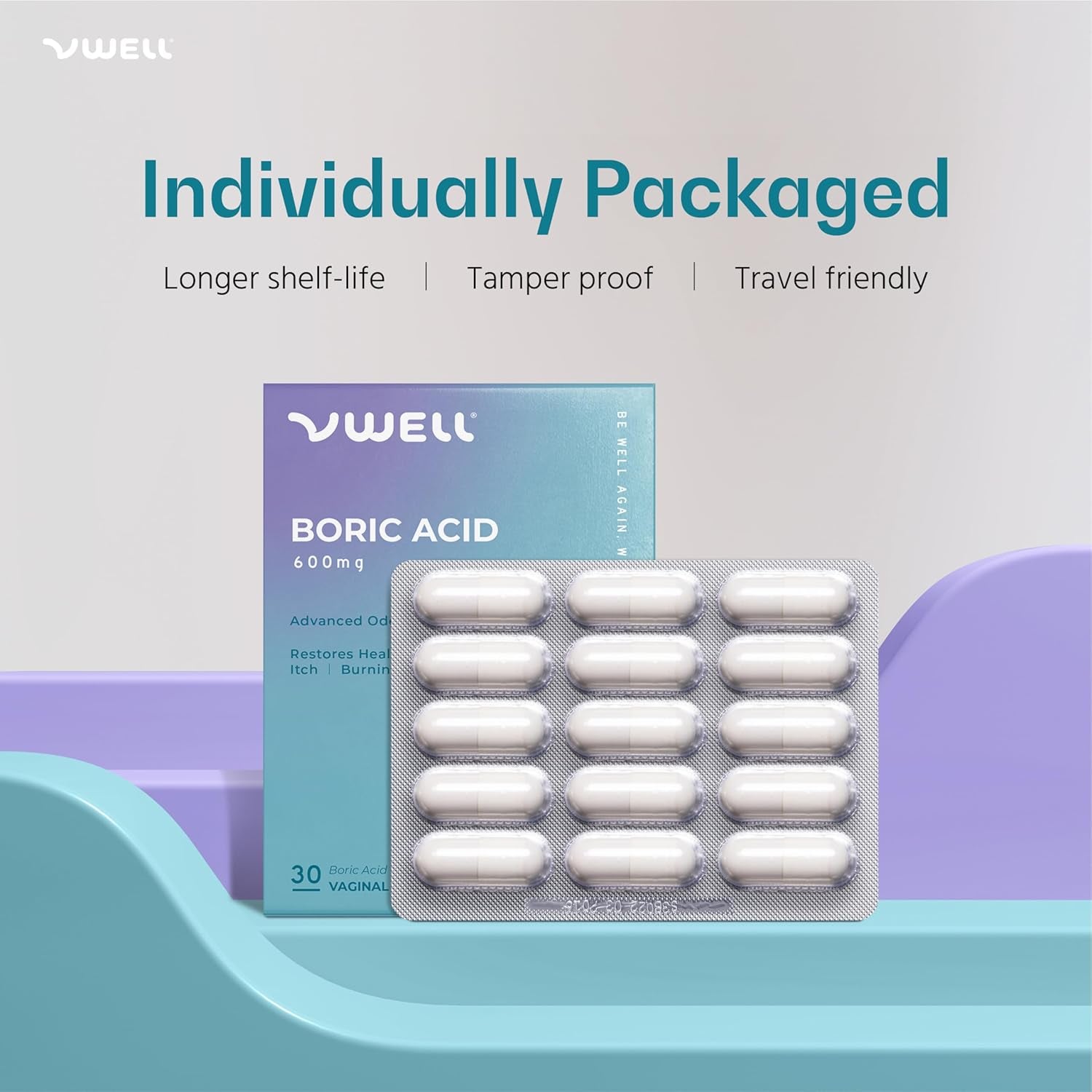VWELL Boric Acid 600mg – 30 Vaginal Suppositories x 2 Packs | pH Balance & Odor Control