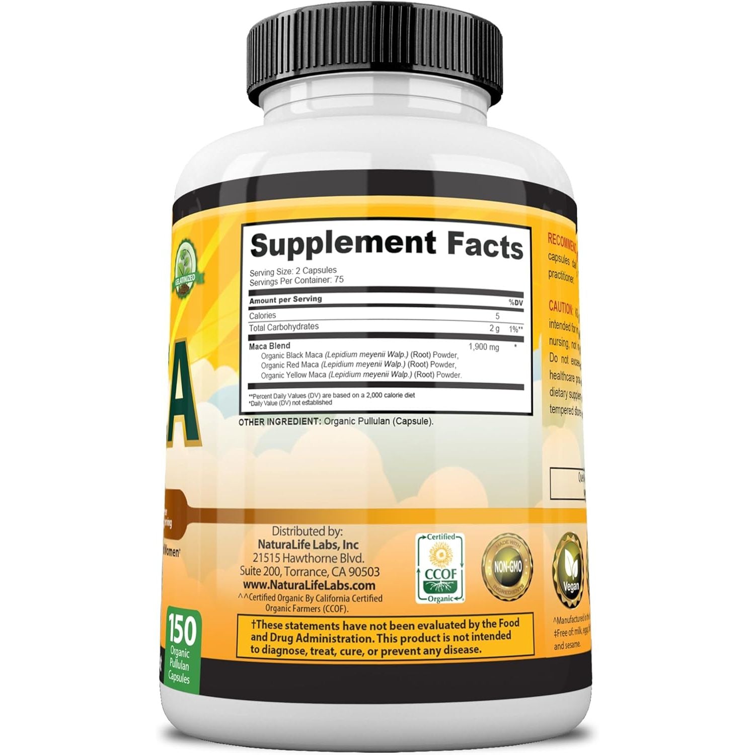 NatureLife Labs Organic Maca Root – Black, Red & Yellow – 1900 Mg per Serving – 150 Capsules – Gelatinized Peruvian Maca – Non-Gmo, Gluten-Free, Vegan