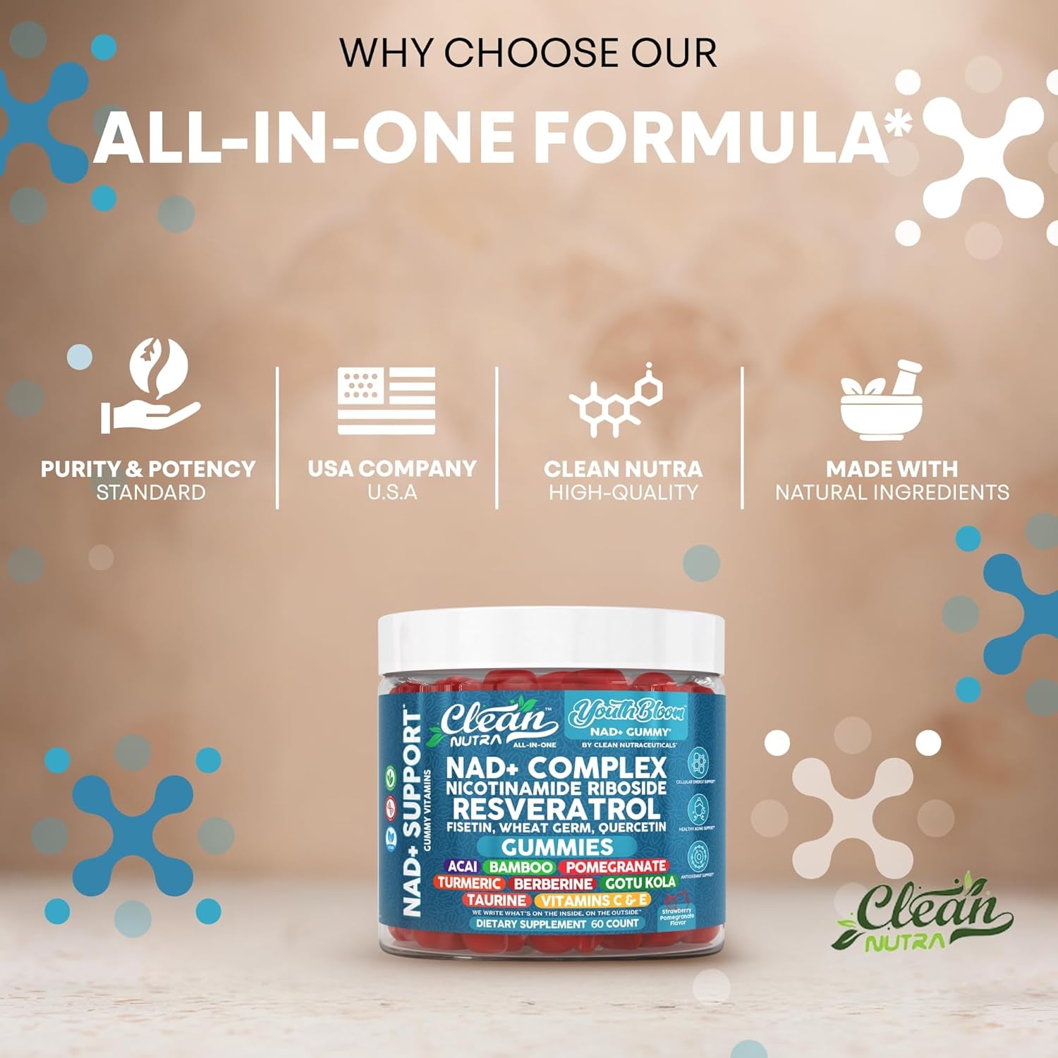 Youth Bloom NAD+ Supplement Gummies Resveratrol Fisetin Wheat Germ Berberine Taurine Turmeric Collagen Astaxanthin Nicotinamide Gotu Kola Pomegranate Vitamin C & E 60 Ct by Clean Nutra