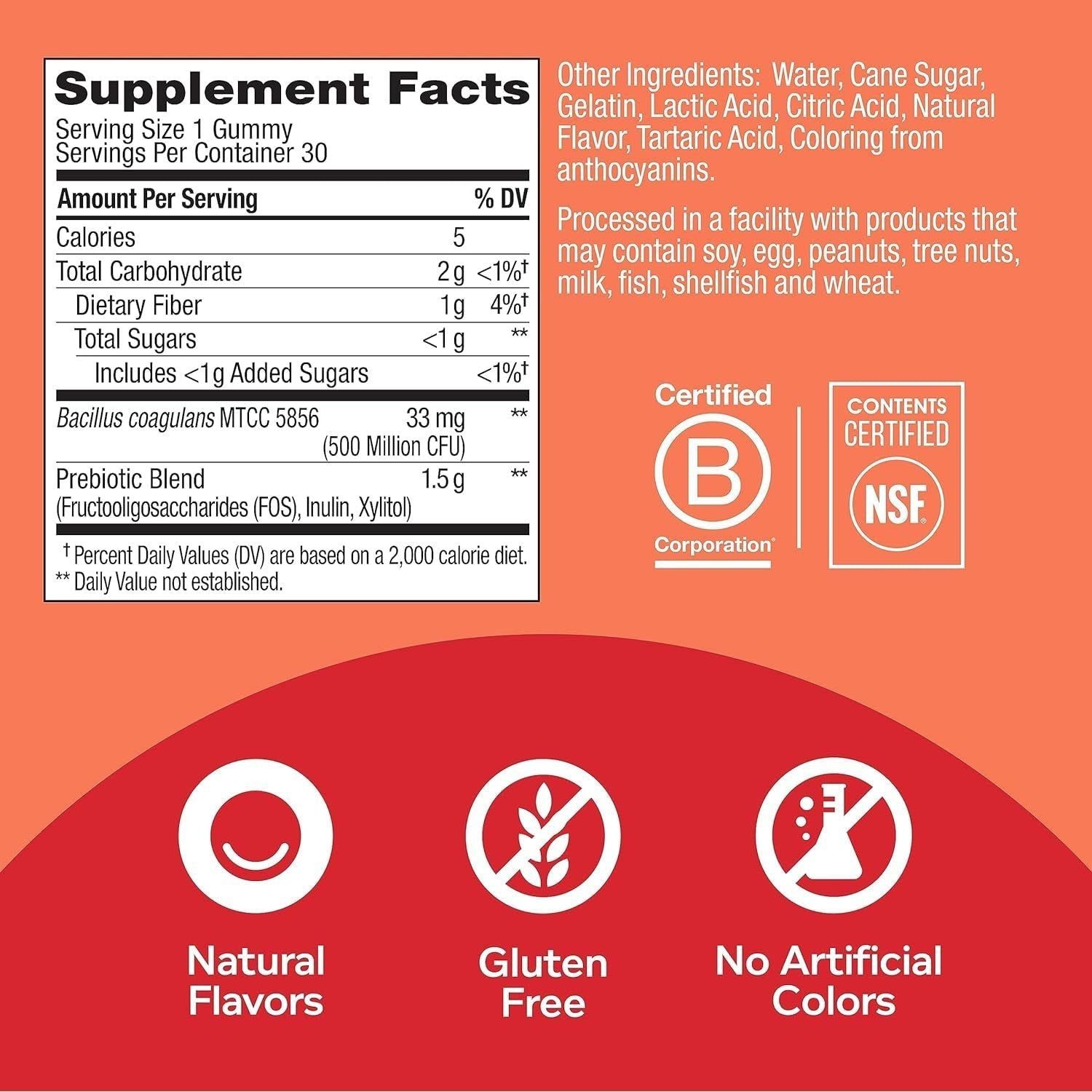 Probiotic + Prebiotic Gummy, Digestive Support and Gut Health, 500 Million Cfus, Fiber, Adult Chewable Supplement for Men and Women, Peach, 30 Day Supply - 30 Count