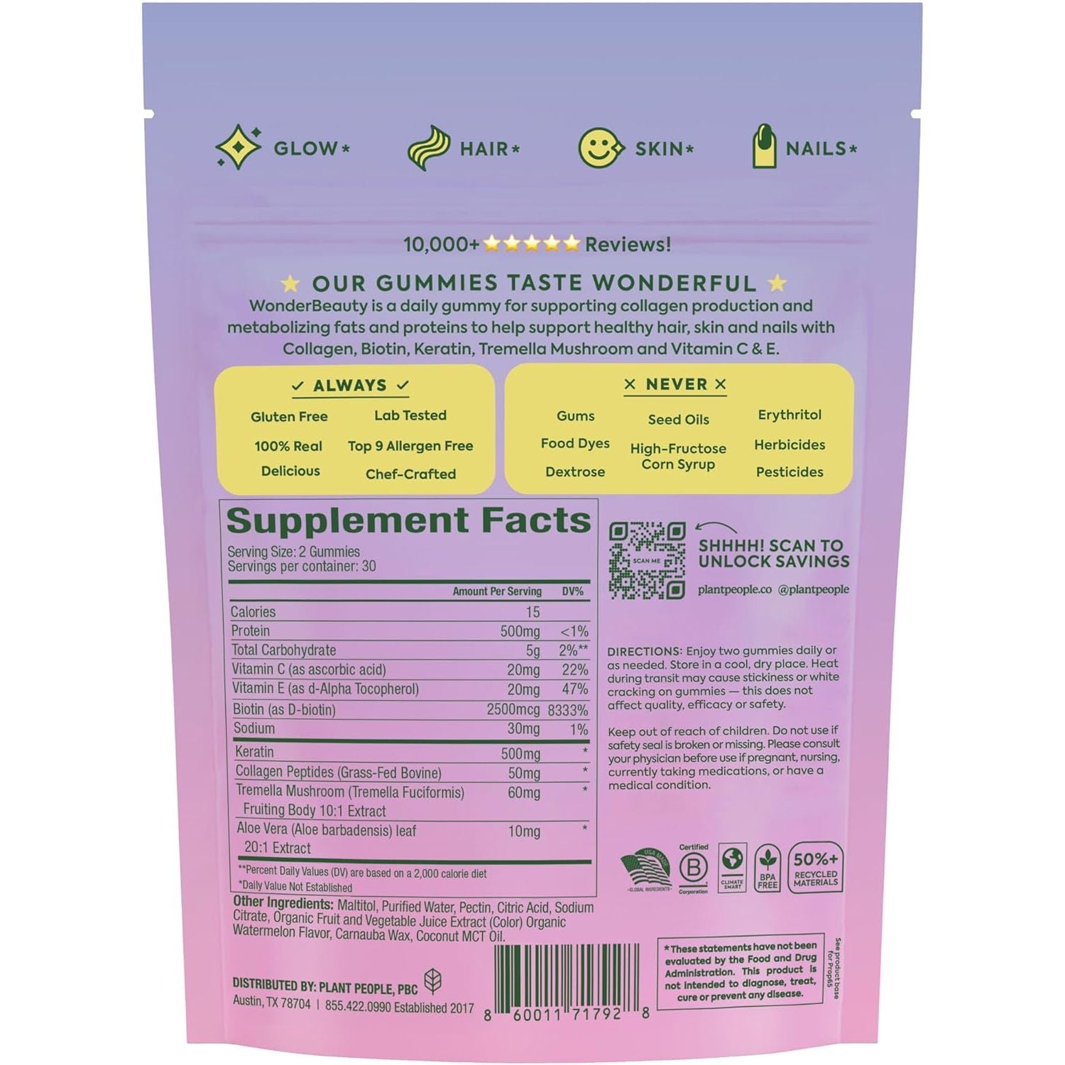 Wonderbeauty Hair, Skin & Nails Rejuvenation Gummies with Tremella Mushroom, Marine Collagen Peptides, Keratin, & Biotin – Watermelon Flavor, 60 Gummies