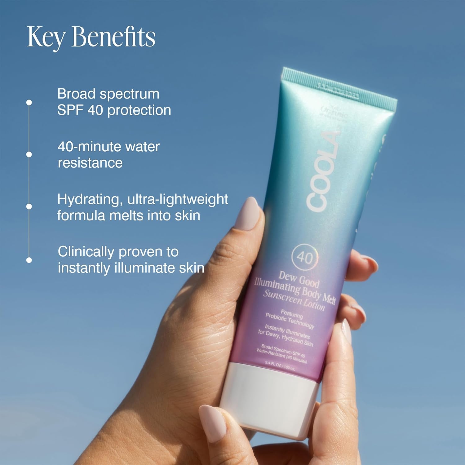 COOLA Dew Good Illuminating Body Melt Sunscreen Lotion SPF 40 – 100ml | Hydrating, Probiotic-Powered Glow with Broad-Spectrum Protection
