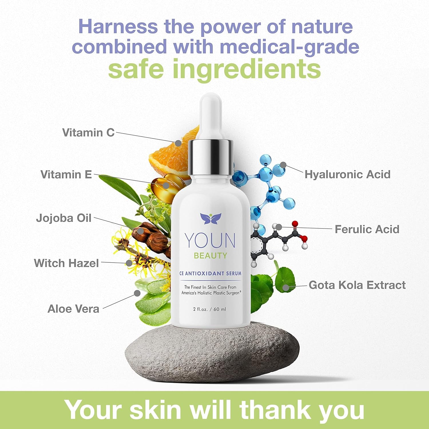 YOUN Beauty CE Antioxidant Serum – 60ml | Brightening Vitamin C & E Serum with Hyaluronic Acid for Radiant, Youthful Skin