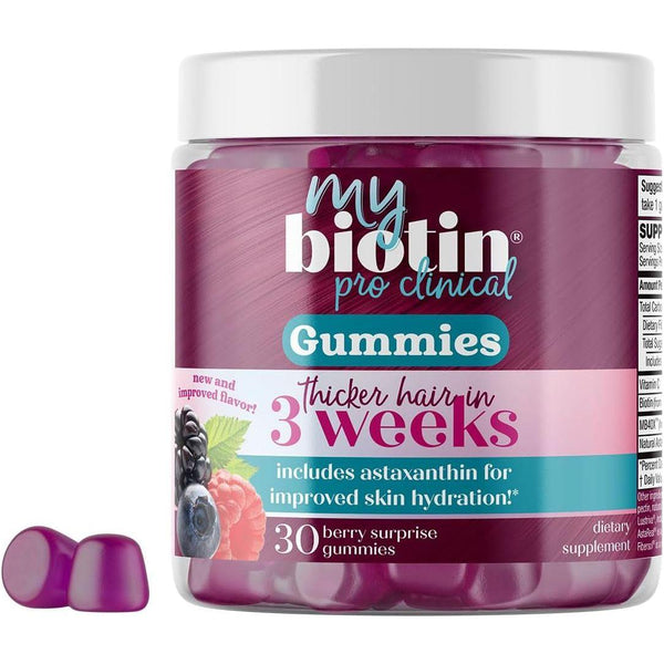 Mybiotin Proclinical Gummies Thicker Hair in 3 Weeks & Fights Wrinkles - MB40X Biotin Matrix W/Astaxanthin - 40X More Soluble Vs Ordinary Biotin – 30 Blackberry-Flavor Gummy Chews