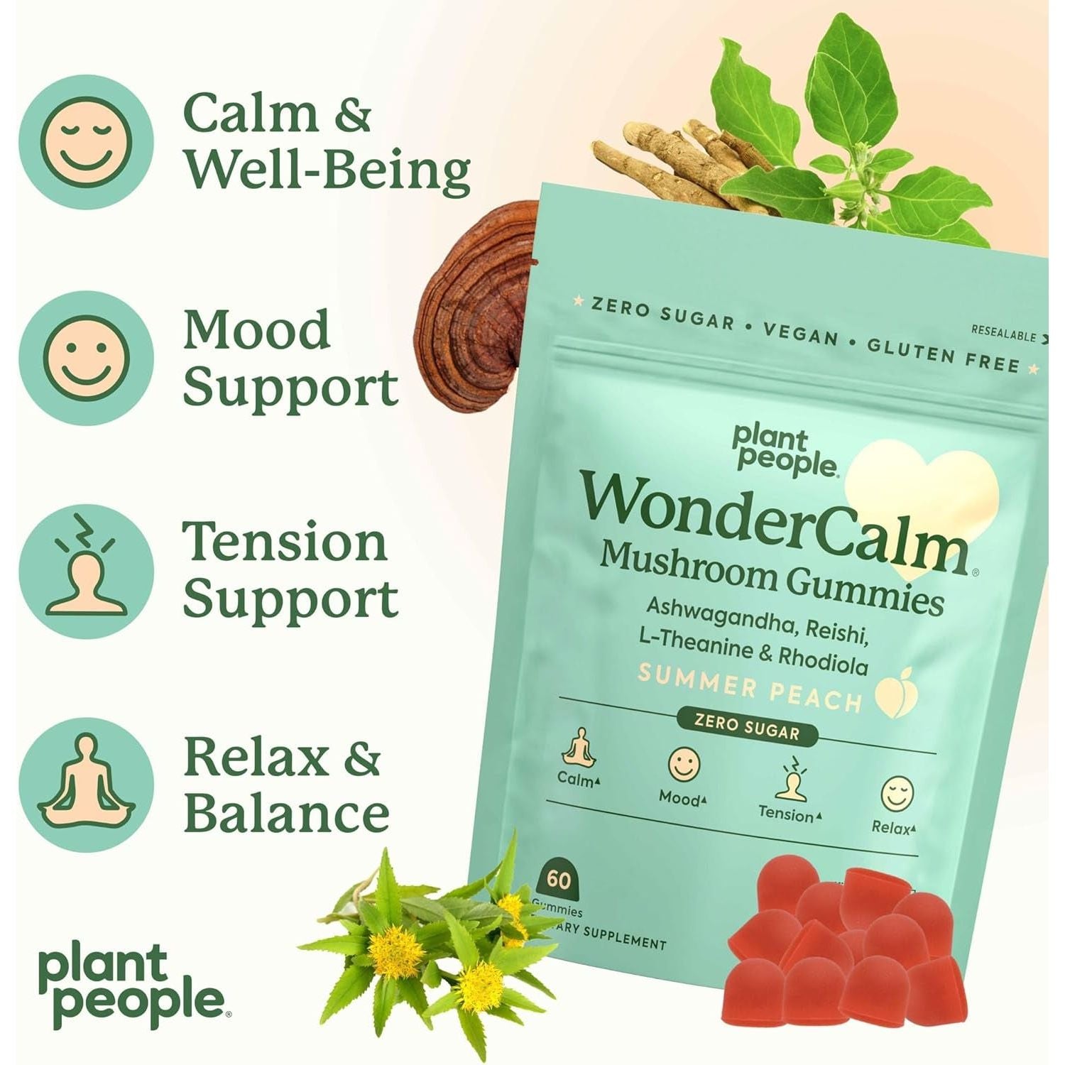Plant People WonderCalm Mushroom Gummies – 60 Gummies | Stress Relief & Mood Support with Ashwagandha, Reishi & L-Theanine